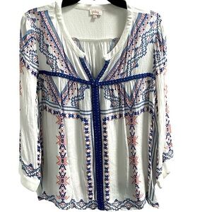 Pixley Amadeus Crochet Detail Top Embroidered White & Blue Women's Size Large